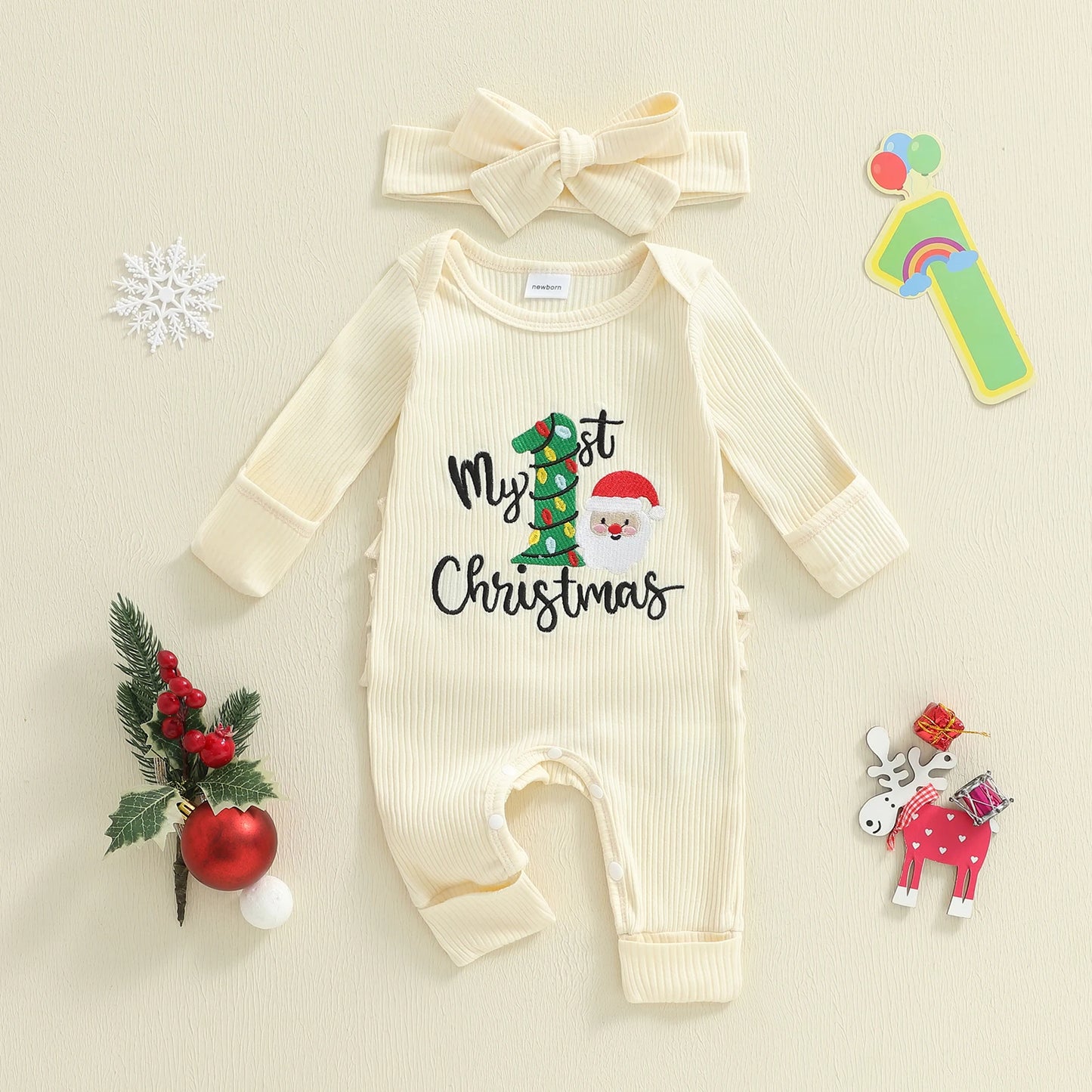 Newborn Baby Christmas Romper with Headband - Long Sleeve Xmas Tree Embroidery Jumpsuit