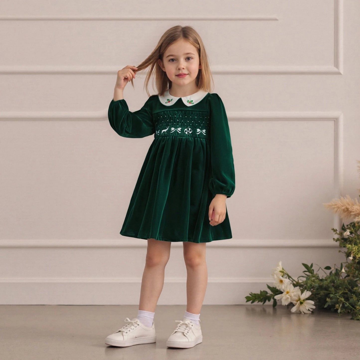 Little Girl's Velvet Christmas Dress - Deer Bow Holly Embroidered Smocked A-Line