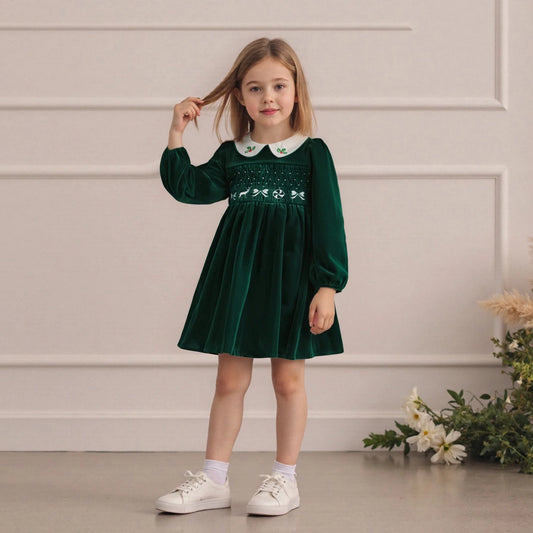 Little Girl's Velvet Christmas Dress - Deer Bow Holly Embroidered Smocked A-Line