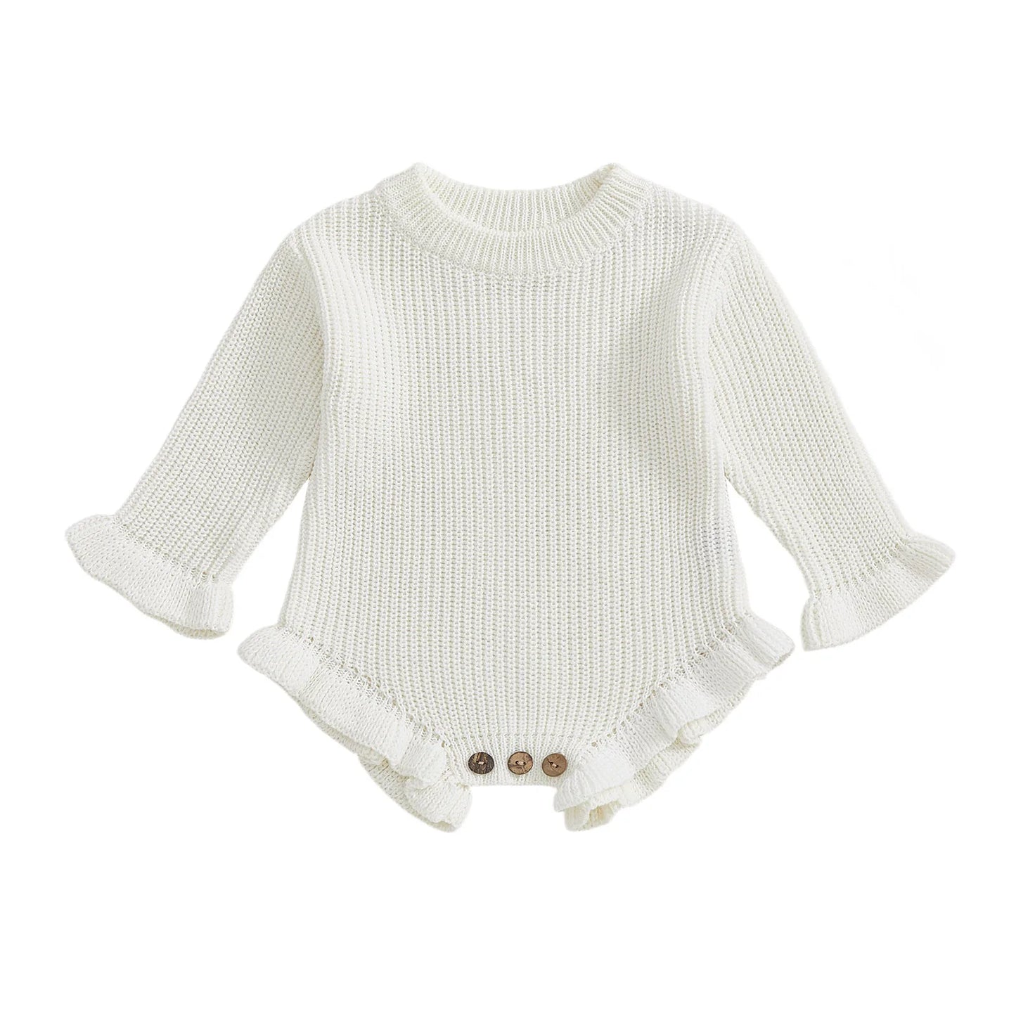 Newborn Baby Knit Romper - Long Sleeve Round Neck Ruffled Sweater Jumpsuit