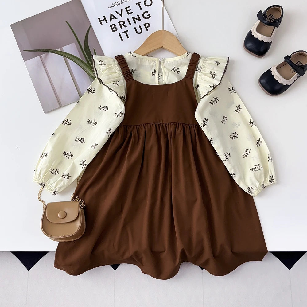 Girl's Long Sleeved Floral Top and Suspender Dress Set Two-piece Set
