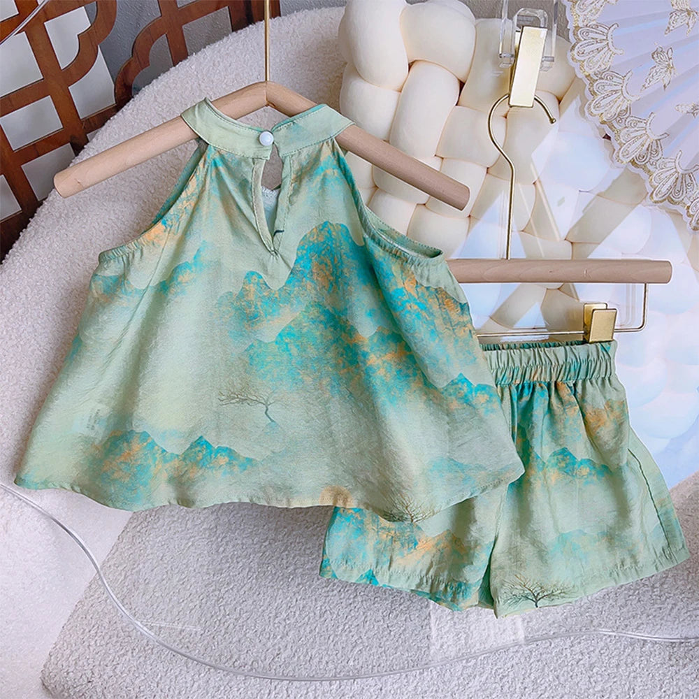 Girls' Set Summer Style Printed Standing Neck Tassel Top and Shorts Two Piece Set