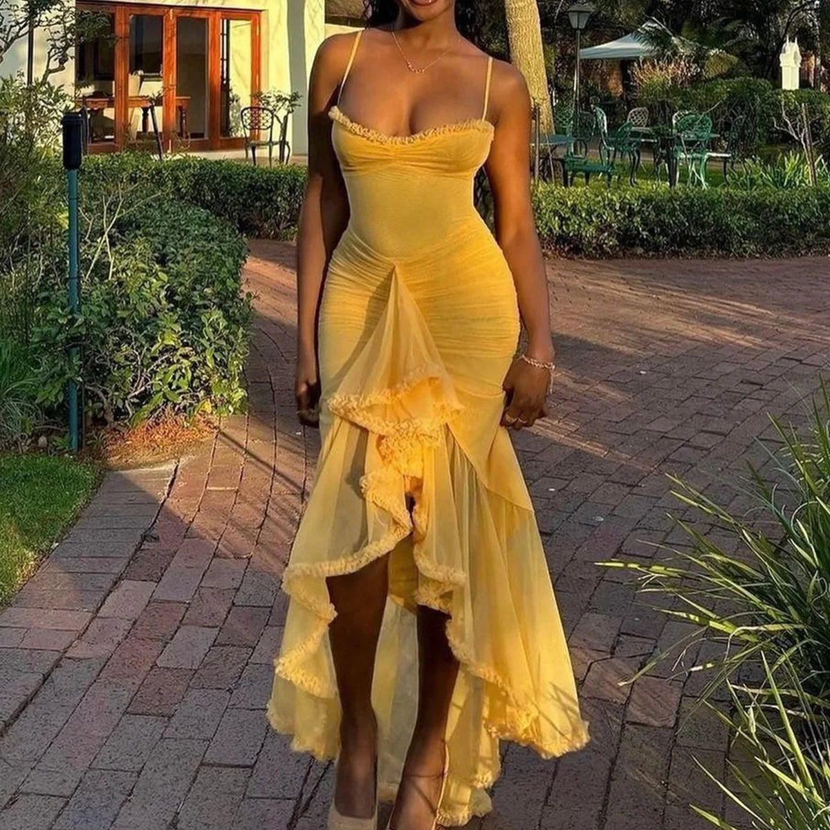 Women's Sheer Mesh Ruffled Front Gown Elegant Draped Prom Cocktail Maxi Dress Solid Fairy Ruched Slip Dress