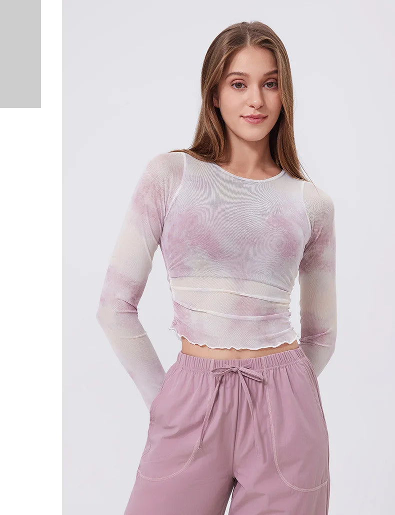 Women's Long Sleeve Yoga Shirt Women Tie-Dye 2 In 1 Gym Crop Top Slim Fit Breathable Running Top With Chest Pads Sportswear