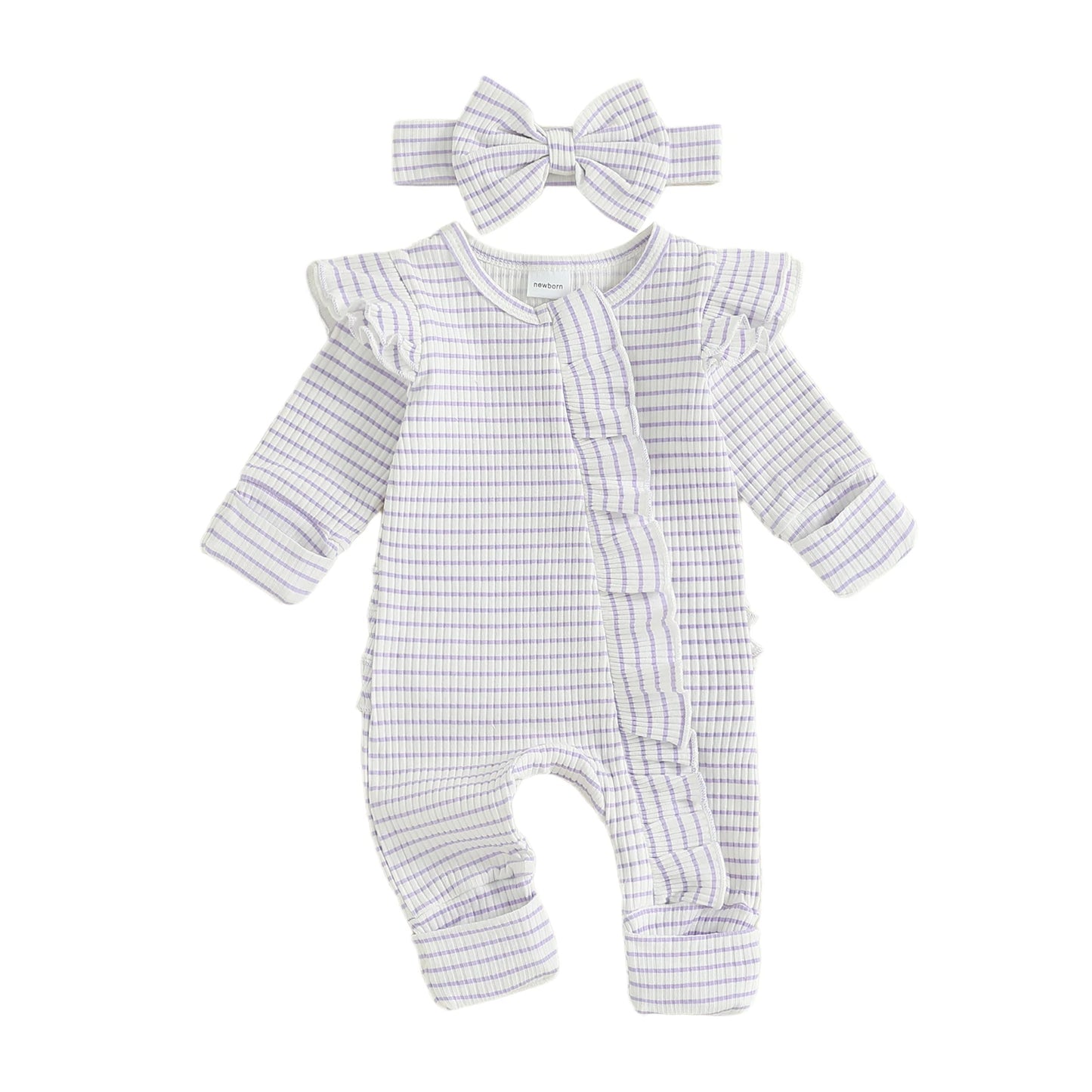 Newborn Baby 2-Piece Romper Outfit Set - Striped Jumpsuit with Headband