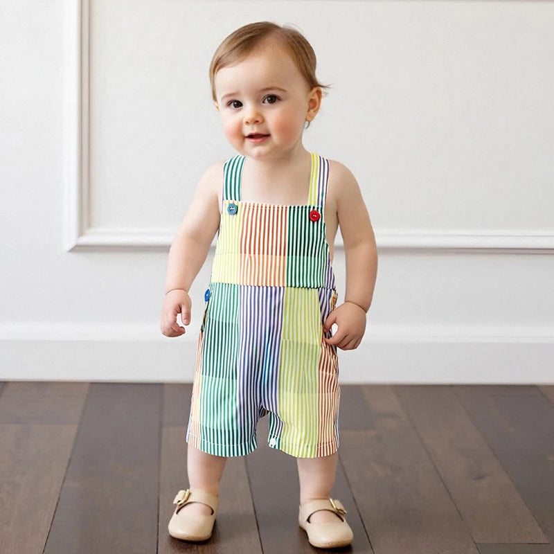 0-4Y Toddler Kids Boys Girls Overalls Shorts Loose Fit Striped Print Contrast Infant Jumpsuit