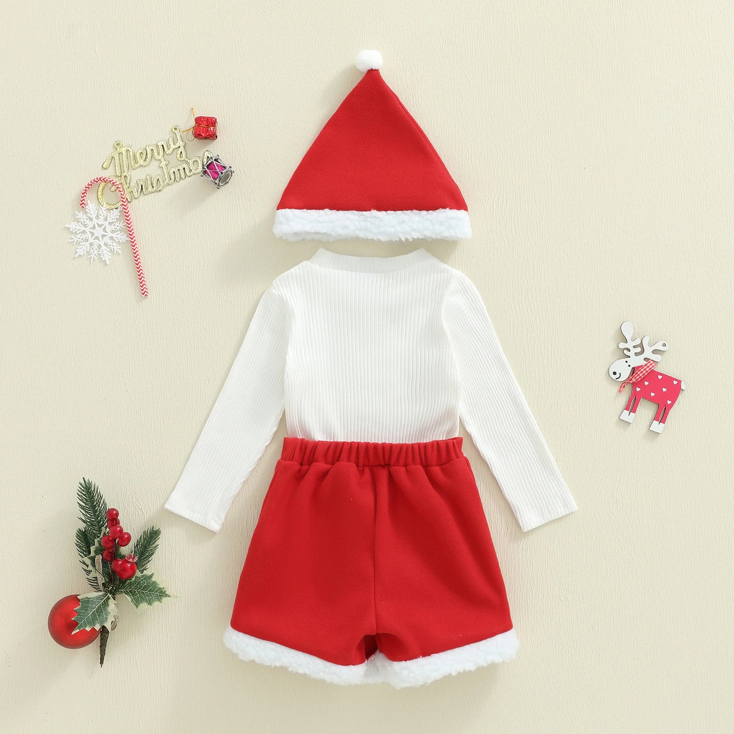 Baby Girls Christmas Outfit Set - Long Sleeve Top, Skirt Shorts & Santa Hat (0-4Y)