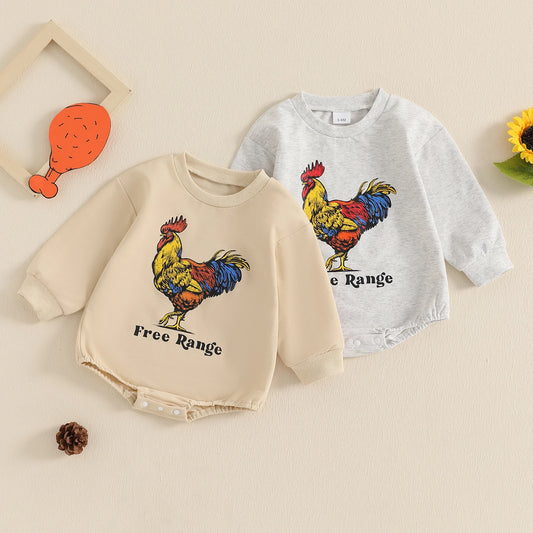 Baby Boys Western Rooster Print Romper - Spring Long Sleeve Crew Neck Jumpsuit (0-18M)