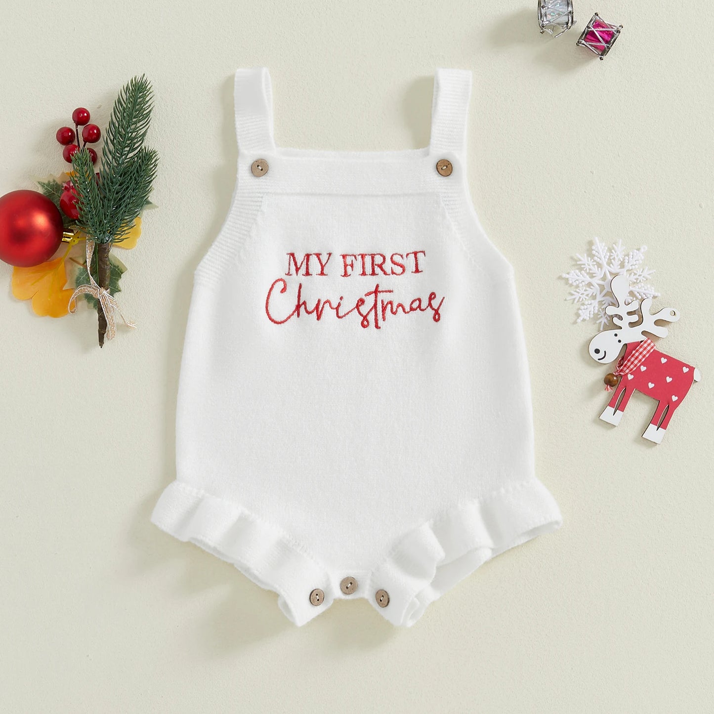 Baby Girl's Knit Romper - Sleeveless Square Neck Letter Embroidery Ruffle