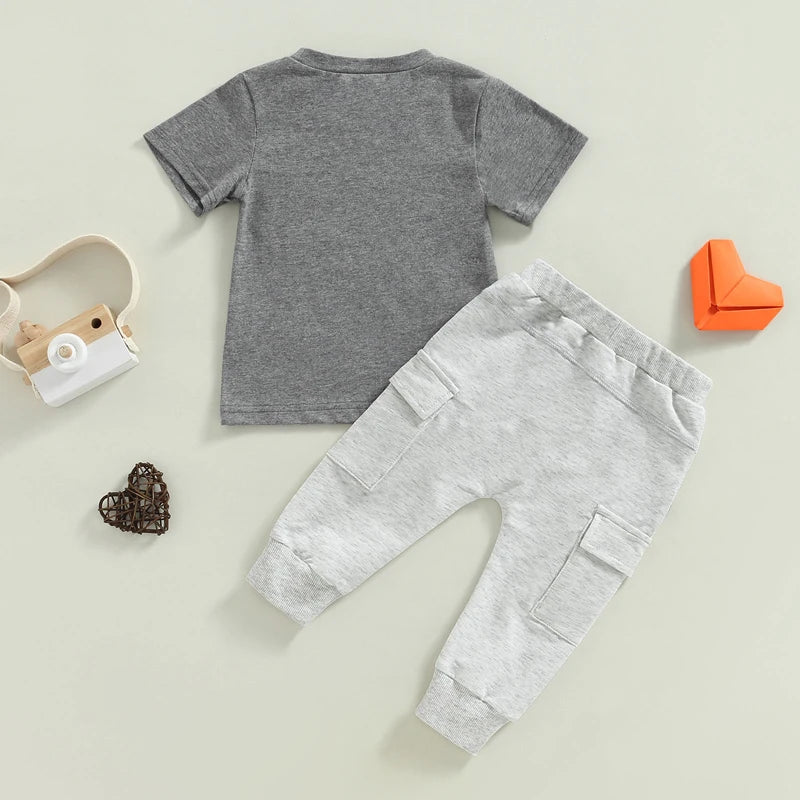 Valentine's Day Baby Boys Summer Outfit Set - Letter Print Grey T-Shirt & Pocket Pants (0-4Y)