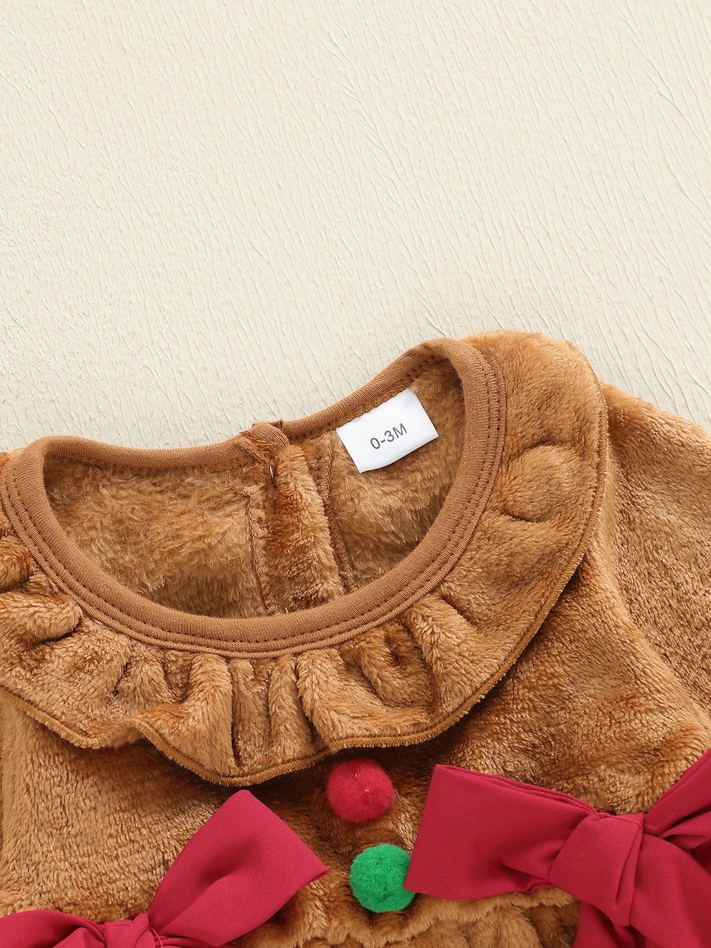 Baby Girls Christmas Romper - Plush Gingerbread Costume with Bow Detail