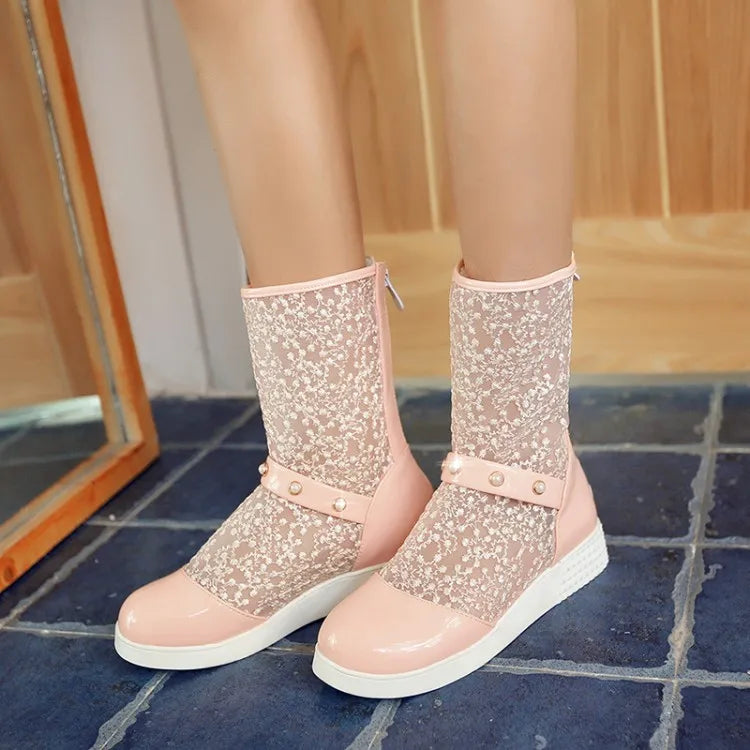 Women's Leather Splicing Mesh Pearl Metal Decoration Zipper Ankle Boots