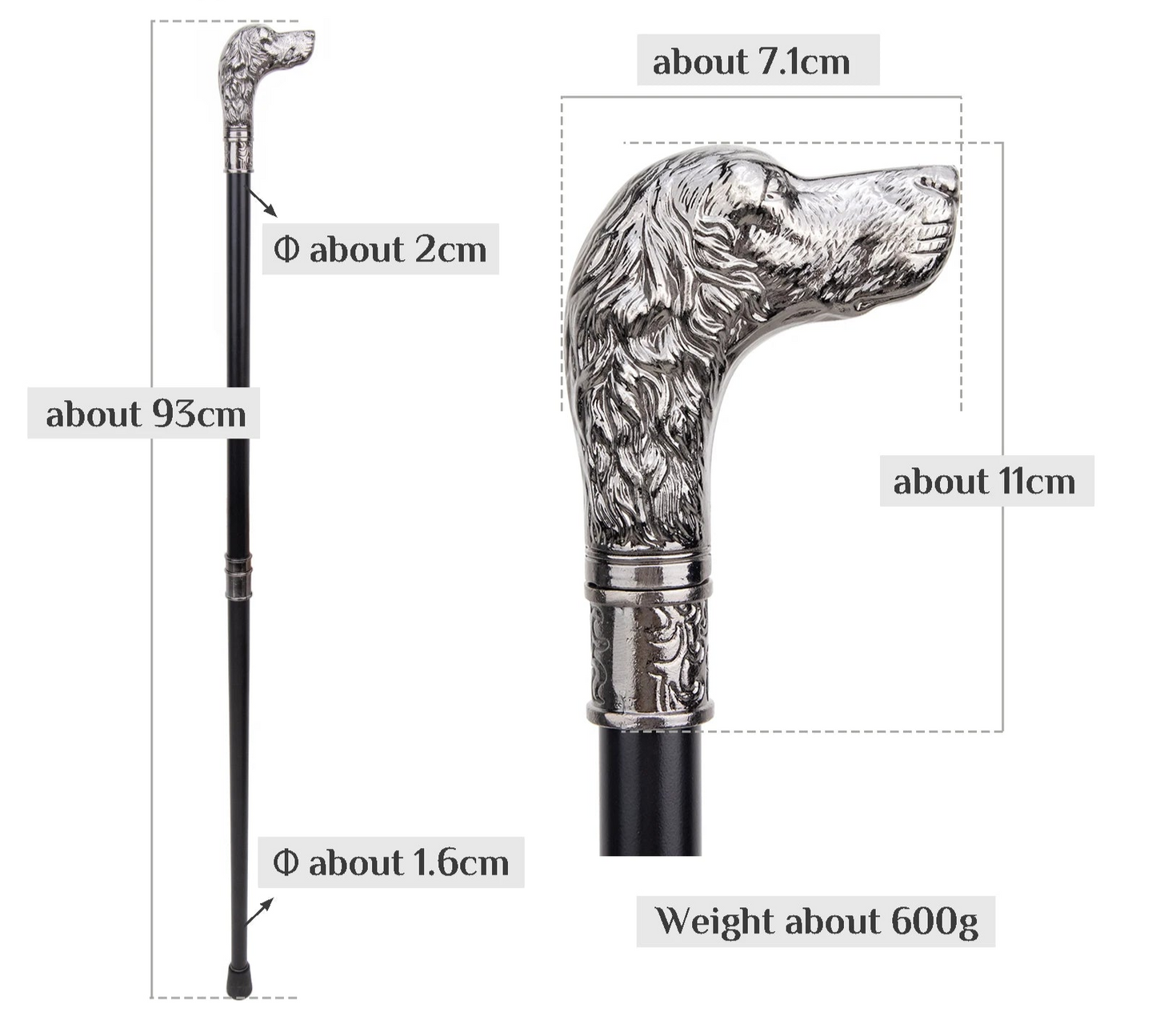 Elegant Dog Head Walking Cane - Decorative Silver Walking Stick 93cm