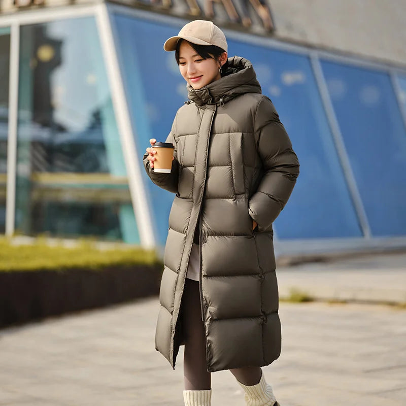Women's Long Down Jacket - Three-Proof Hooded Winter Coat Loose Fit