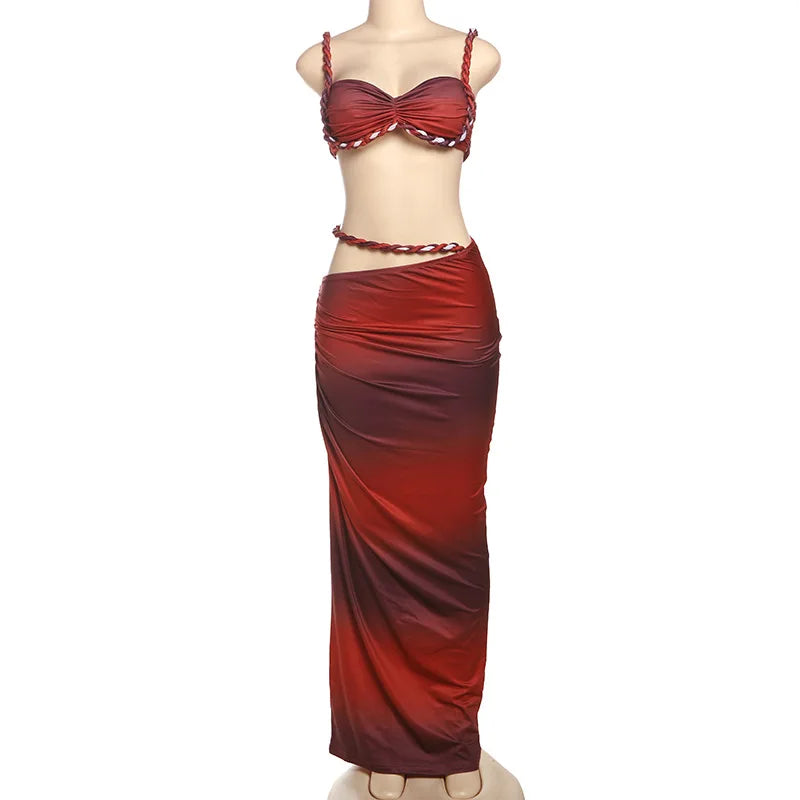 Women's Ruched Bandage 2 Piece Set Backless Decorative Cord Top and Skirt Dress Set