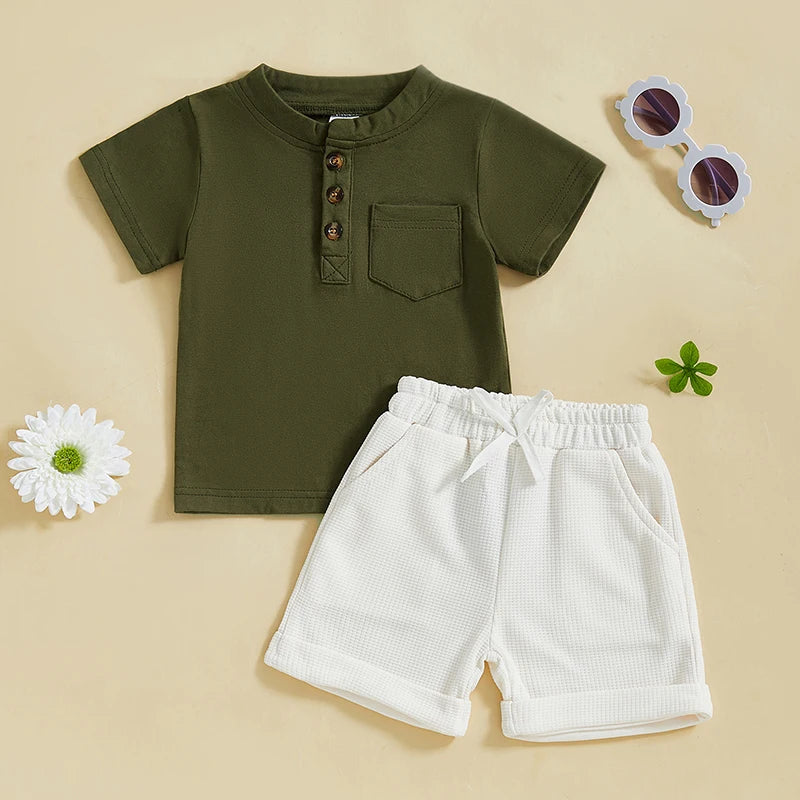 Casual Summer Baby Boys Button-Up Outfit Set - Round-Neck Top & Solid Color Shorts (0-4Y)