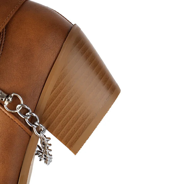 Women's Tapered Circular Metal Chain Chelsea Bohemian Pointed Leather Knee High Boots