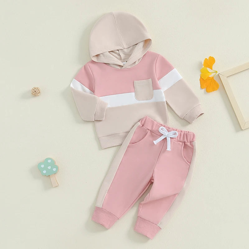 0-4Y Toddler Kids Boys Girls Fall Clothes Set Color Patchwork Long Sleeve Hooded Sweatshirt and Elastic Waist Pants