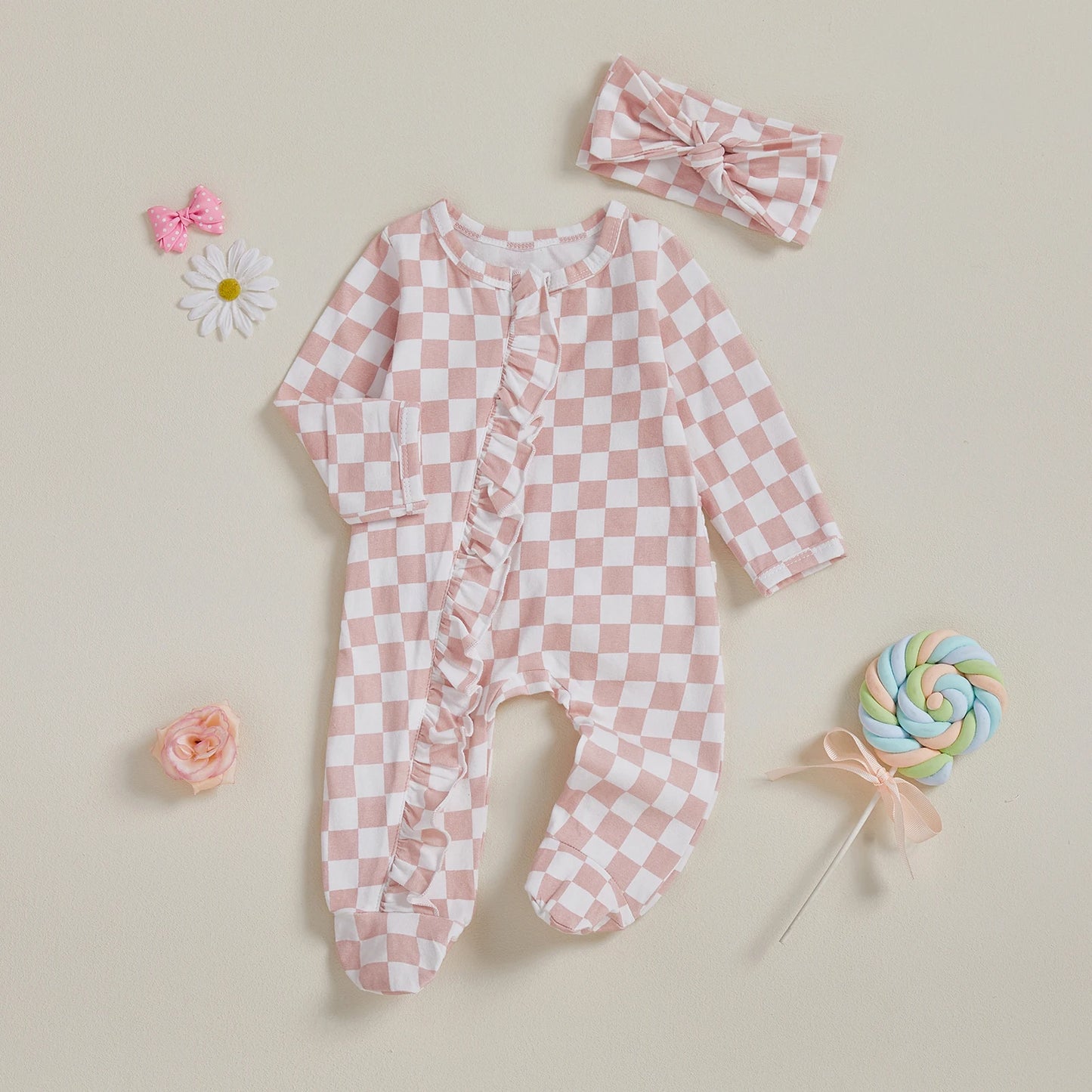 Newborn Baby Footie Set with Headband - Checkerboard Ruffled Zip Front Jumpsuit