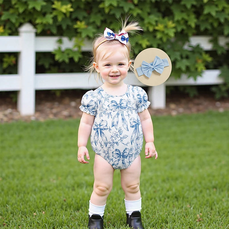 Baby Girls Bow Print Romper with Headband Set (0-18M)