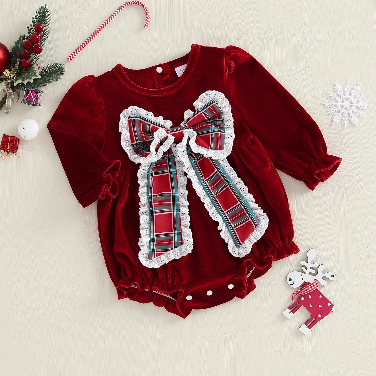 Lovely Baby Velvet Christmas Romper with Plaid Bow (0-18M)
