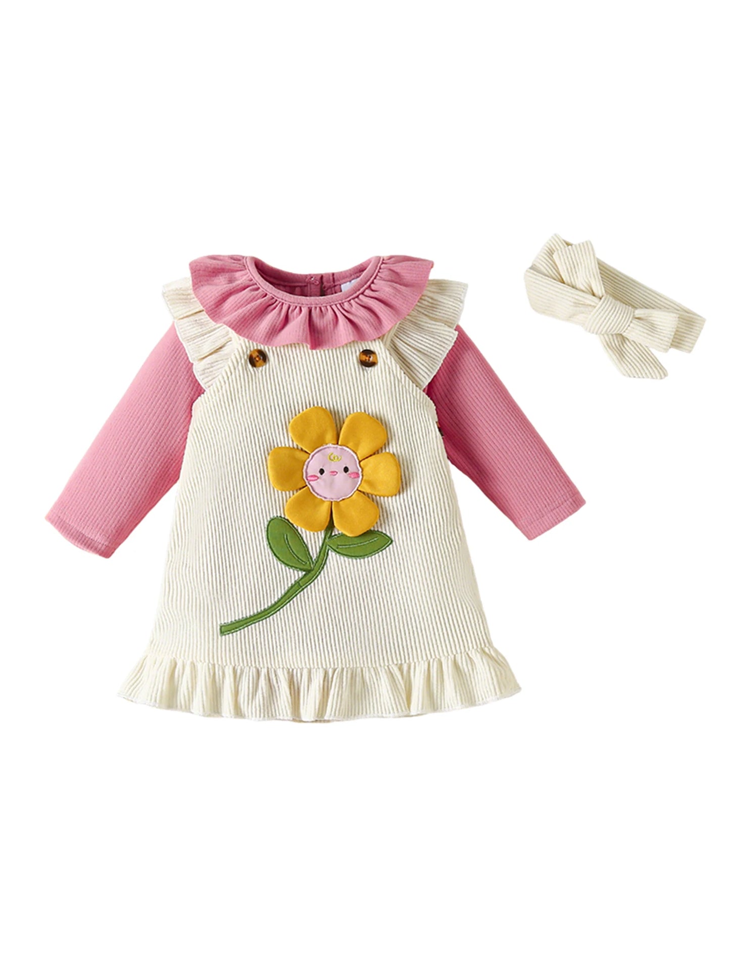 Baby Girls Sunflower Embroidery Outfit Set - Ruffled Long Sleeve Romper Dress & Bow Headband (0-18M)