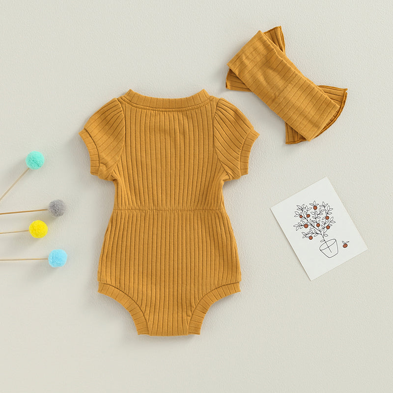 Newborn Baby Girl Romper Set - Short Sleeve Jumpsuit with Bow Headband (3 Colours)