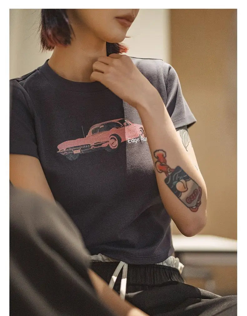 Women's Vintage Racing Print Crop Top - Y2K Style Short Sleeve Tee