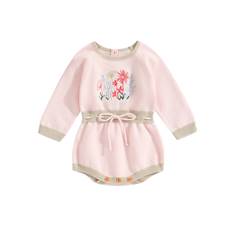 0-24M Baby Girls Romper Long Sleeve Flower Embroidery Drawstring Knit Sweater Jumpsuit