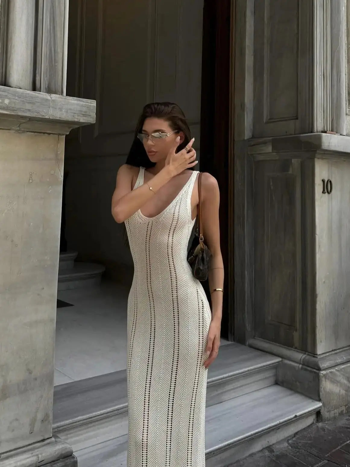 Crochet Knit Long Dress - Sleeveless Backless Bodycon Summer Cover Up