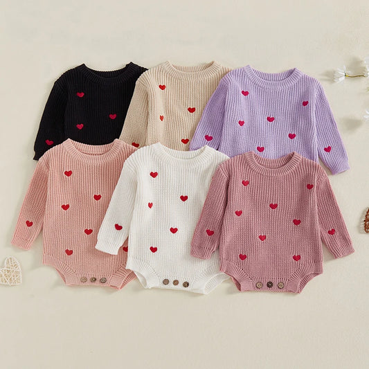 Newborn Baby Girl's Sweater Romper - Heart Knit Long Sleeve Jumpsuit for Valentine's