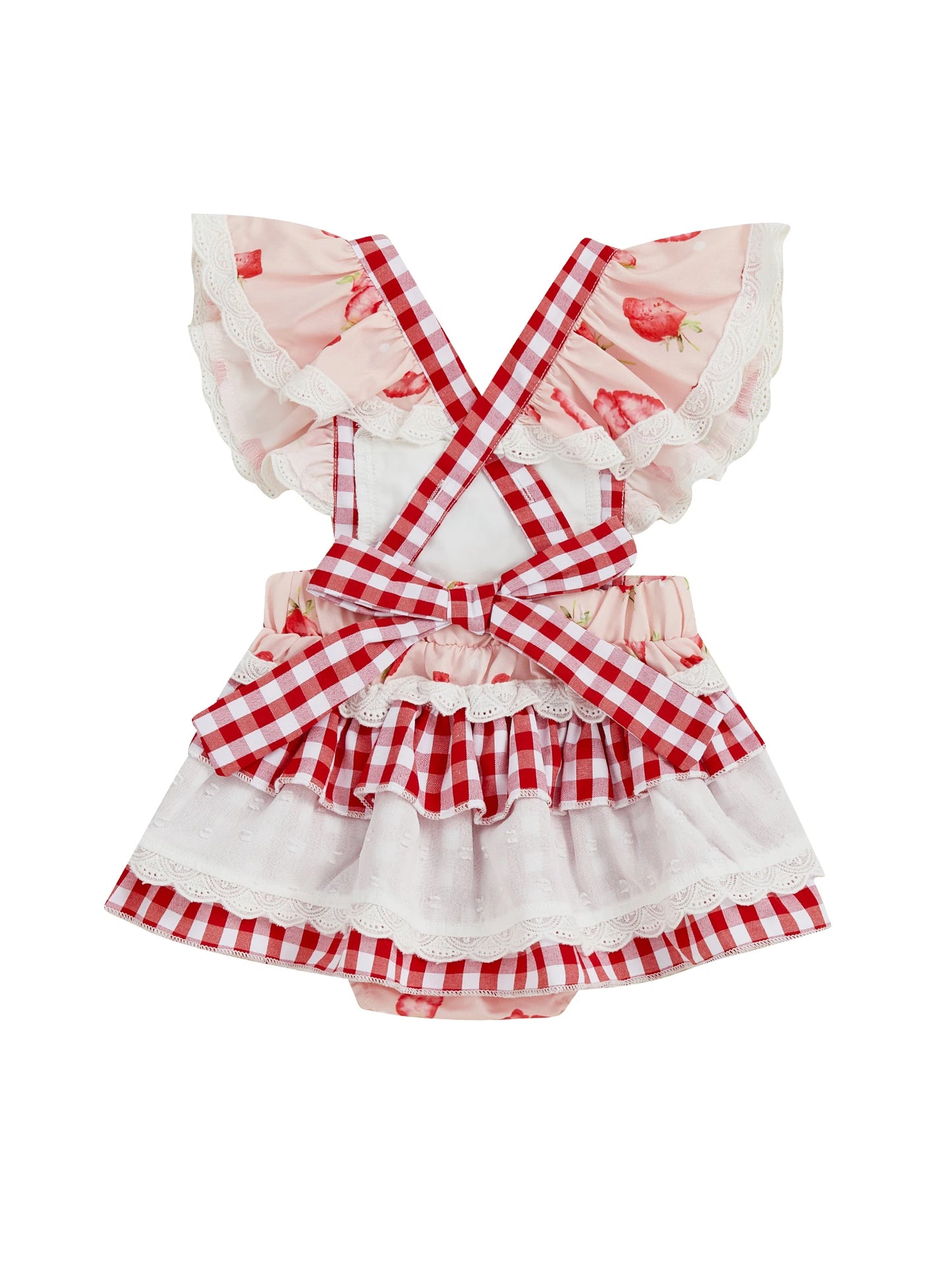 Baby Girls Strawberry Plaid Romper Dress - Flutter Sleeve Summer Jumpsuit (0-24M)