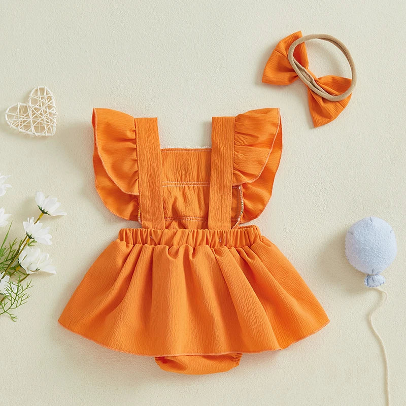 0-18M 2pcs Baby Girls Rompers Dress Cherry Embroidery Ruffles Fly Sleeve Skirt Hem Jumpsuits with Headband