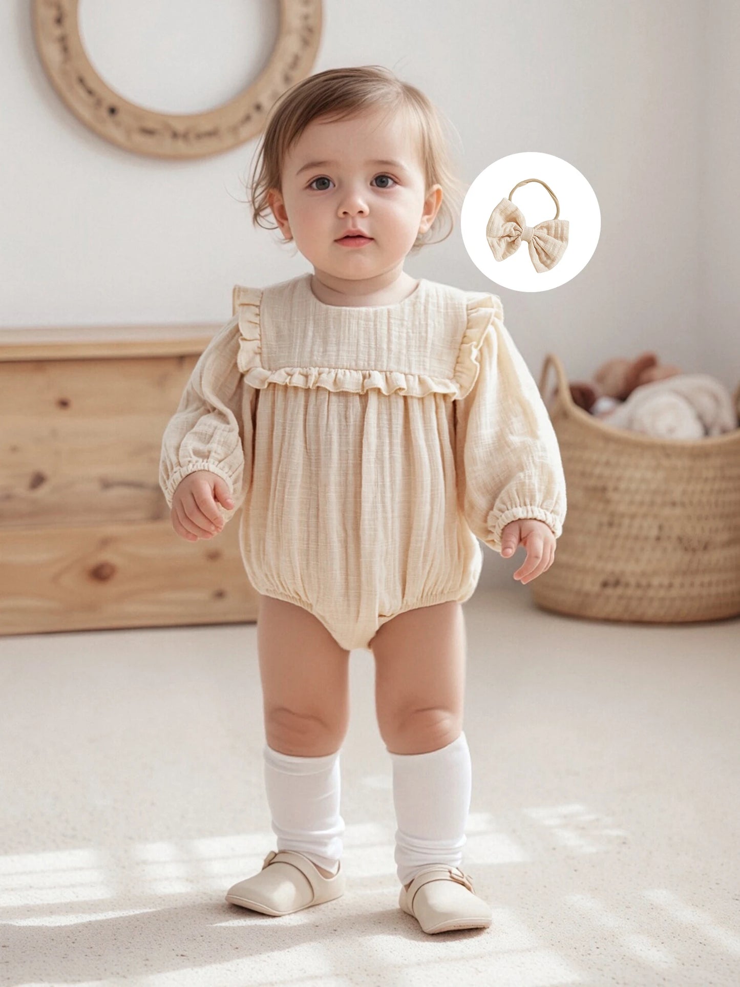 Baby Girls Fall Romper - Solid Color Long Sleeve Round Neck Ruffled Jumpsuit with Bow Headband
