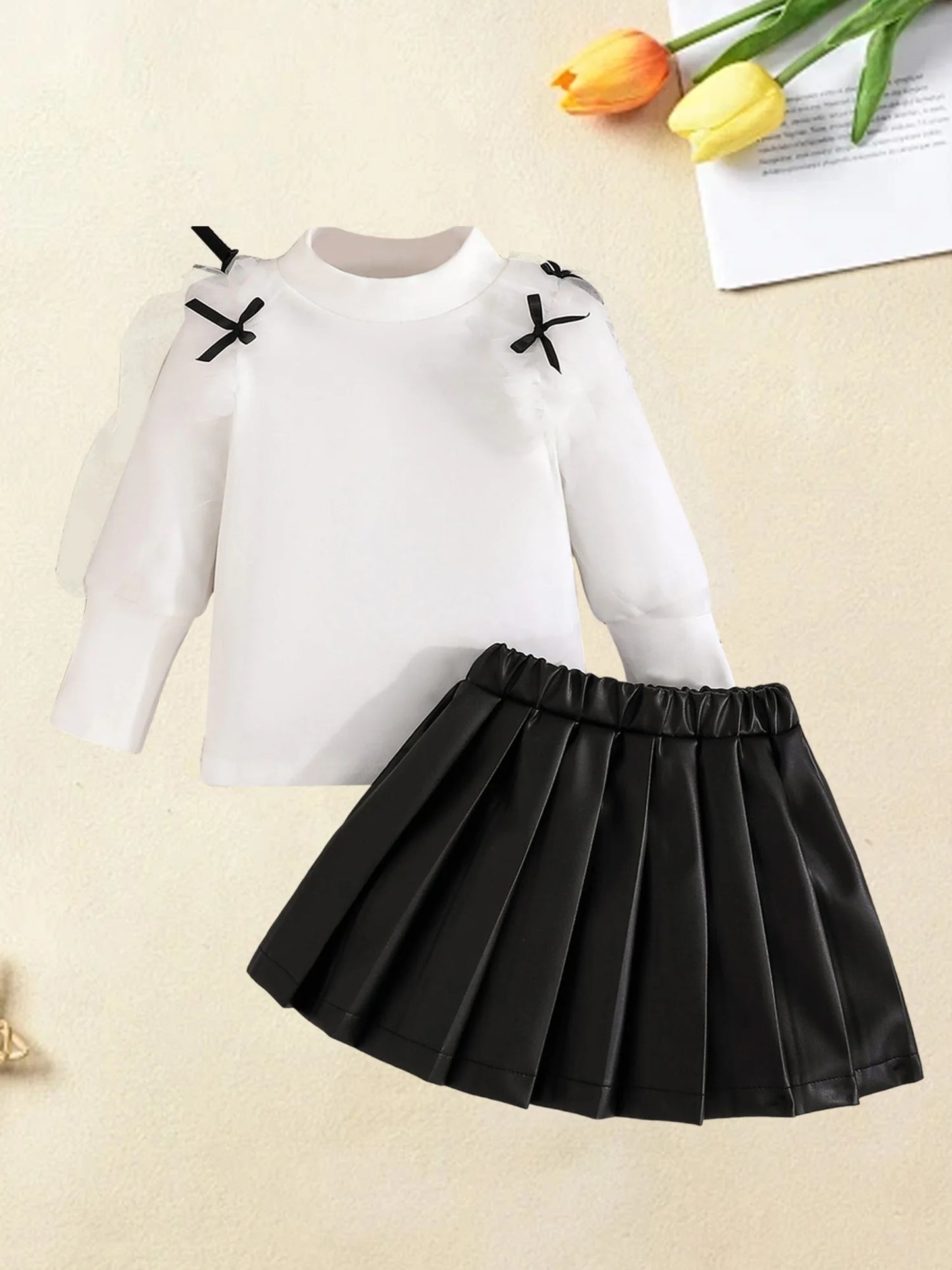 Toddler Kids Girls Fall Clothes Set - Mesh Bow Mock Neck Long Sleeve Top & Pleated Skirt