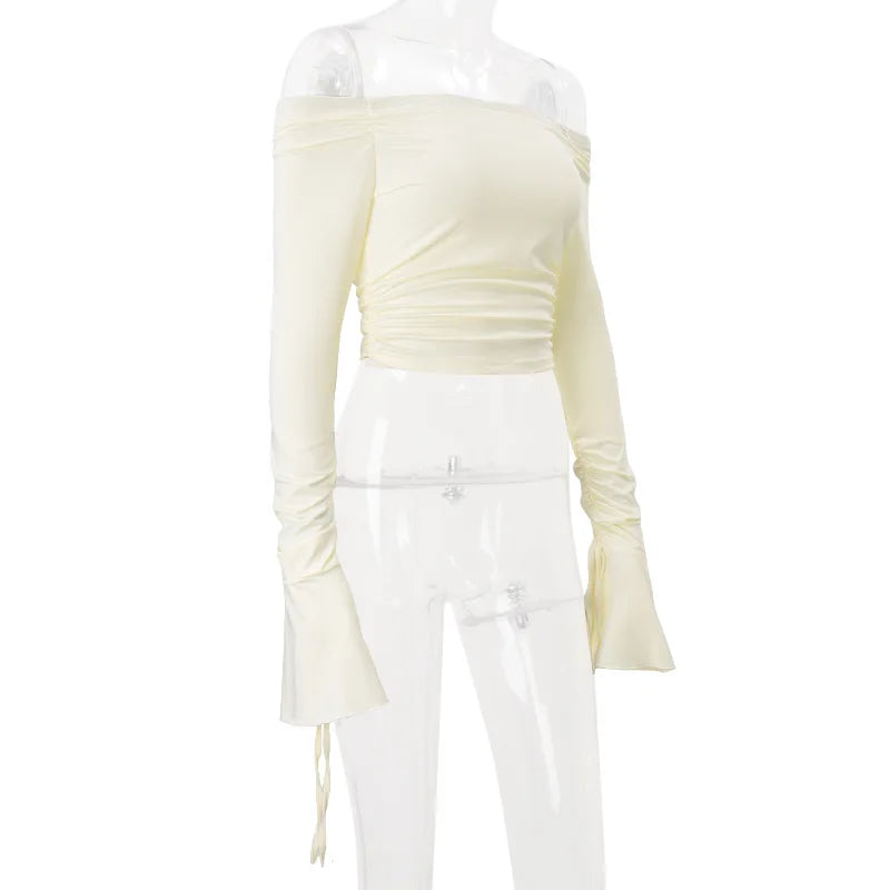 Women's Solid Flare Sleeve Off Shoulder Top - Elegant Cropped Streetwear
