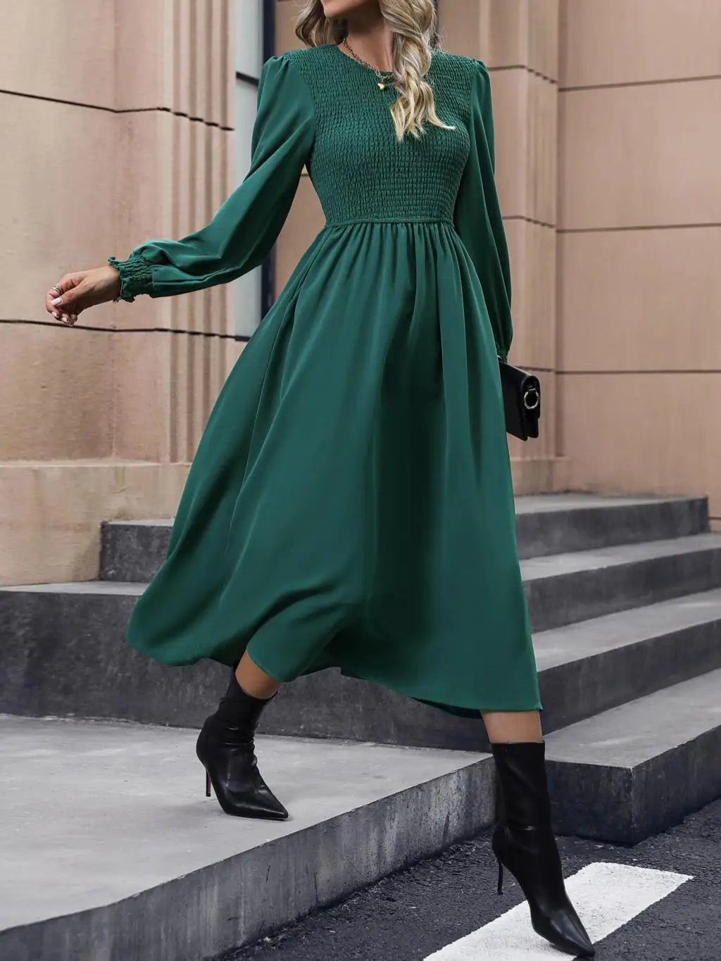 Women's Autumn Winter Elegant V-neck Lace Mid-Length High Waist Dress