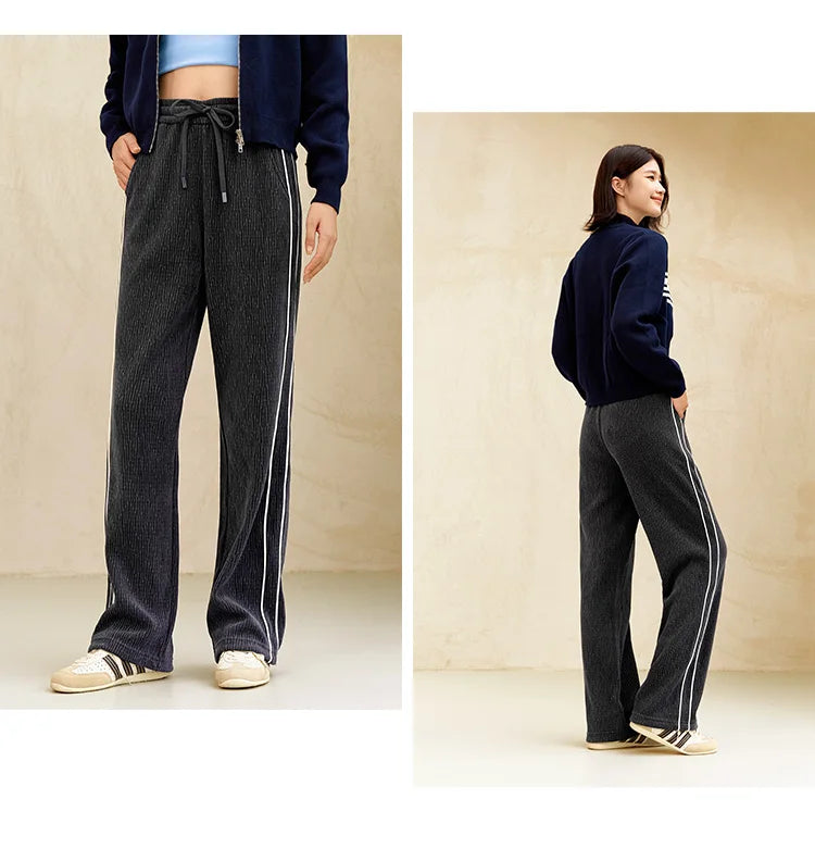 Chenille Wide Leg Trousers - Women's Colorblock Slimming Street Style Pants
