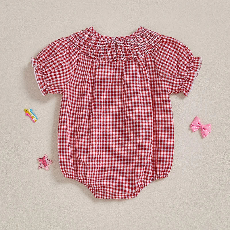 Baby Girls Independence Day Rompers - 3 Colors Letter Embroidery Plaid Print Short Sleeve Jumpsuits