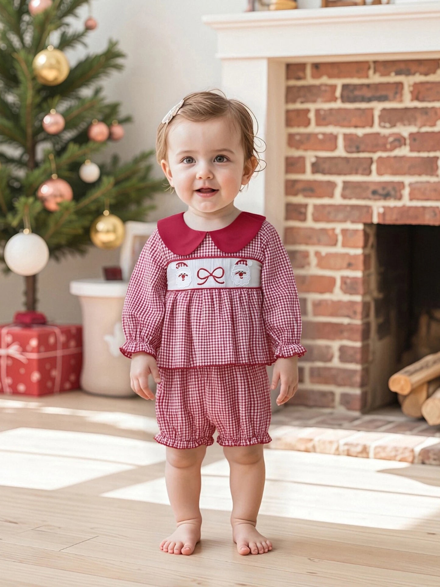 Baby Girls' Christmas Outfit Set - Long Sleeve Plaid Top & Lantern Shorts 2 Piece