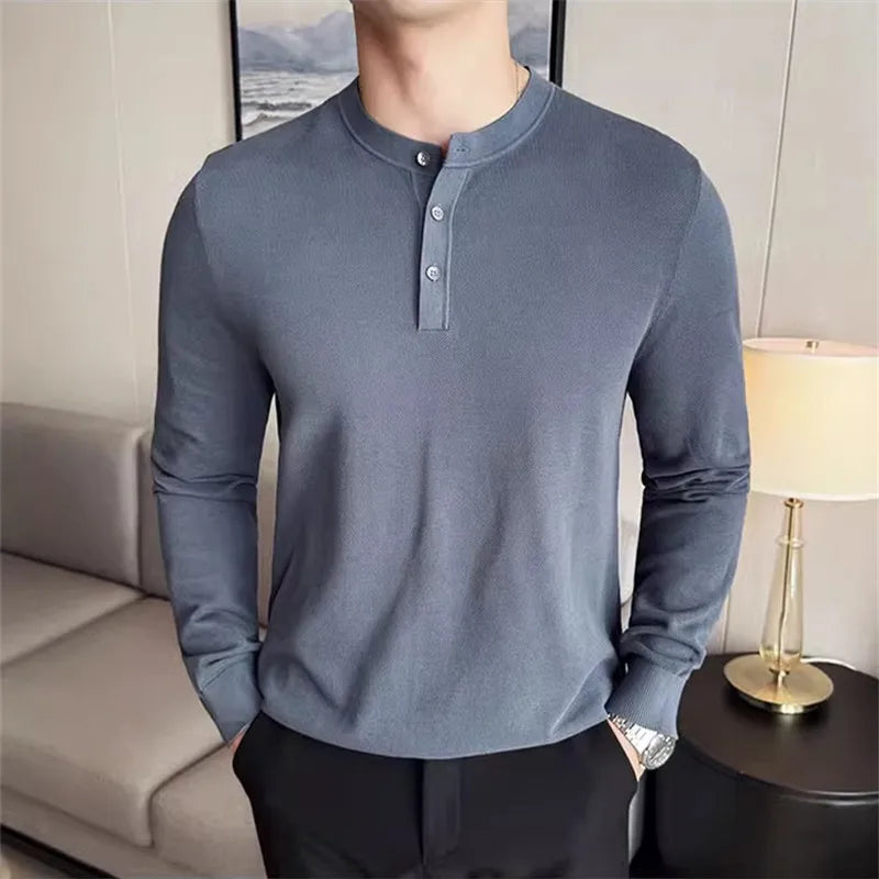 Men's Autumn Winter Henry Collar Slim Fit Knit Pullover Cotton Long Sleeve Knitted Sweater