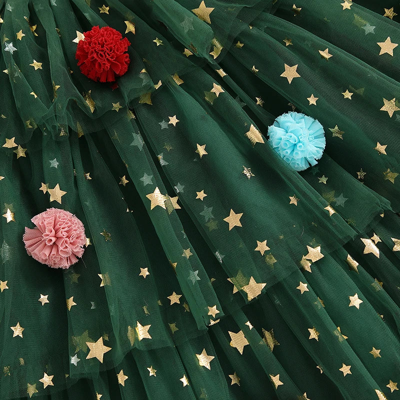 Girl's Festive Dress - Star Lace Layered Tulle Sundress with Plush Ball