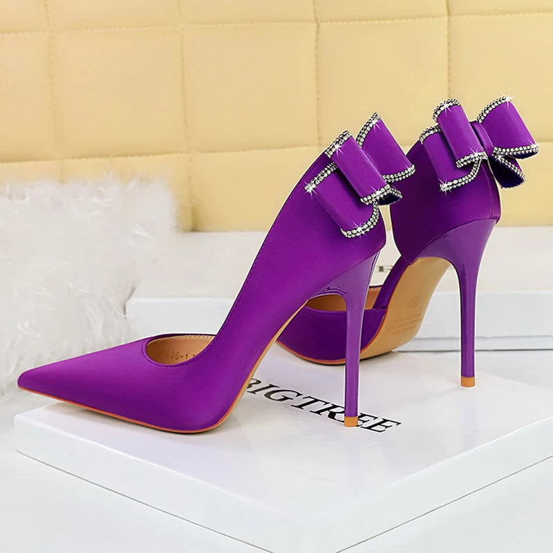Women's Rhinestone Back Bowknot Pumps Silks Satins High Heels Stilettos Shoes