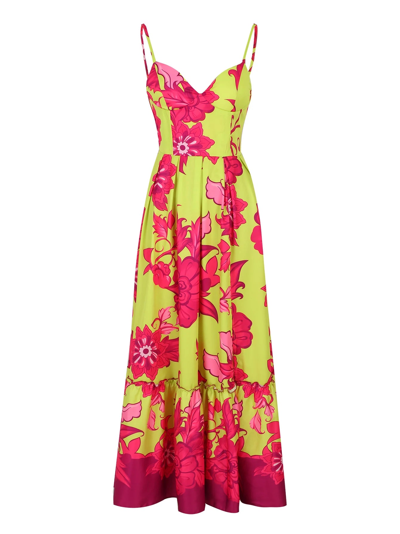 Women's Summer Print Long Lace Up Sling Party Pattern Straps Hollow Out V-Neck Beach Dress