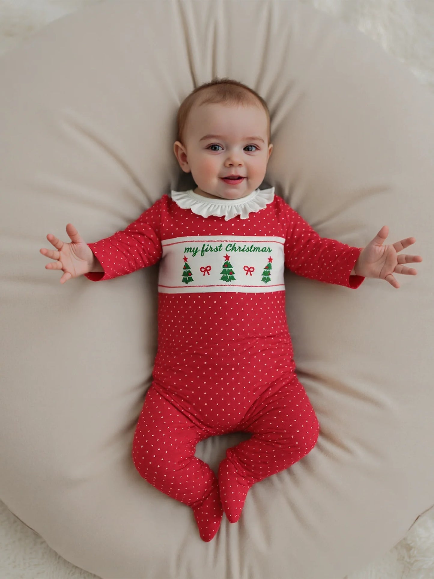 Newborn Baby Girls Christmas Footed Romper - Tree Embroidery Dot Print (0-12M)