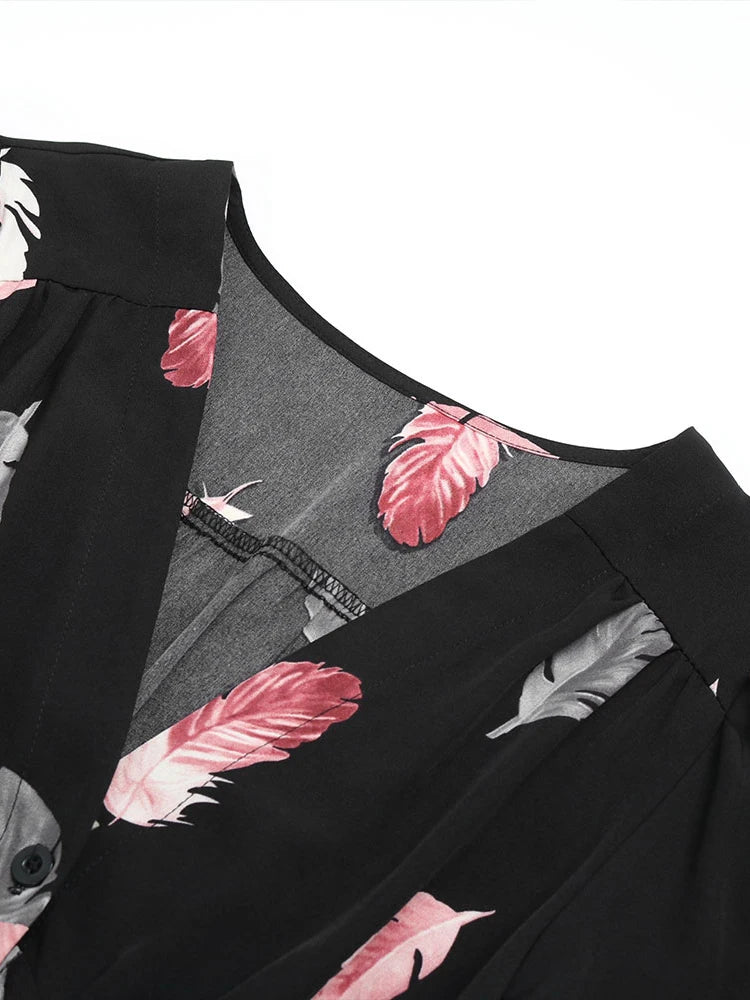 Women's Autumn Winter Casual Print Single Breasted Short Sleeve V Neck High Waist Dress