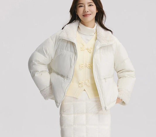 Down Jacket Women Loose Solid Color Winter Patchwork Imitation Lamb Wool Stand-Up Collar Textured