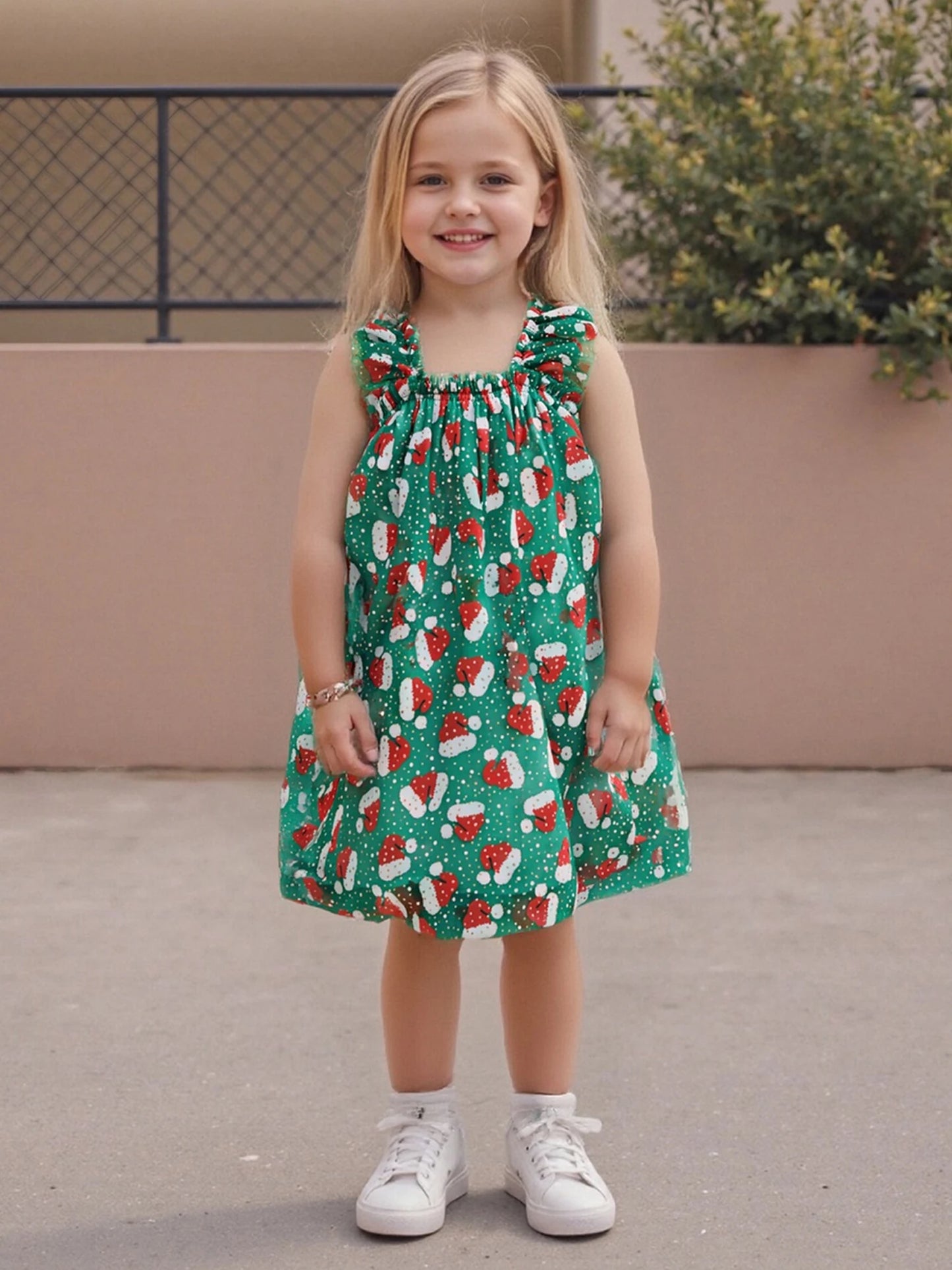 Toddler Girls' Christmas Tulle Dress - Santa Hat Print Sleeveless A-Line Party Dress