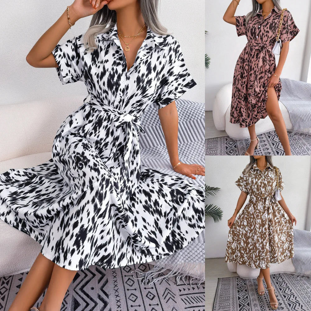 Women's Summer Casual Loose Leopard Lace Up Shirt Chic Dress