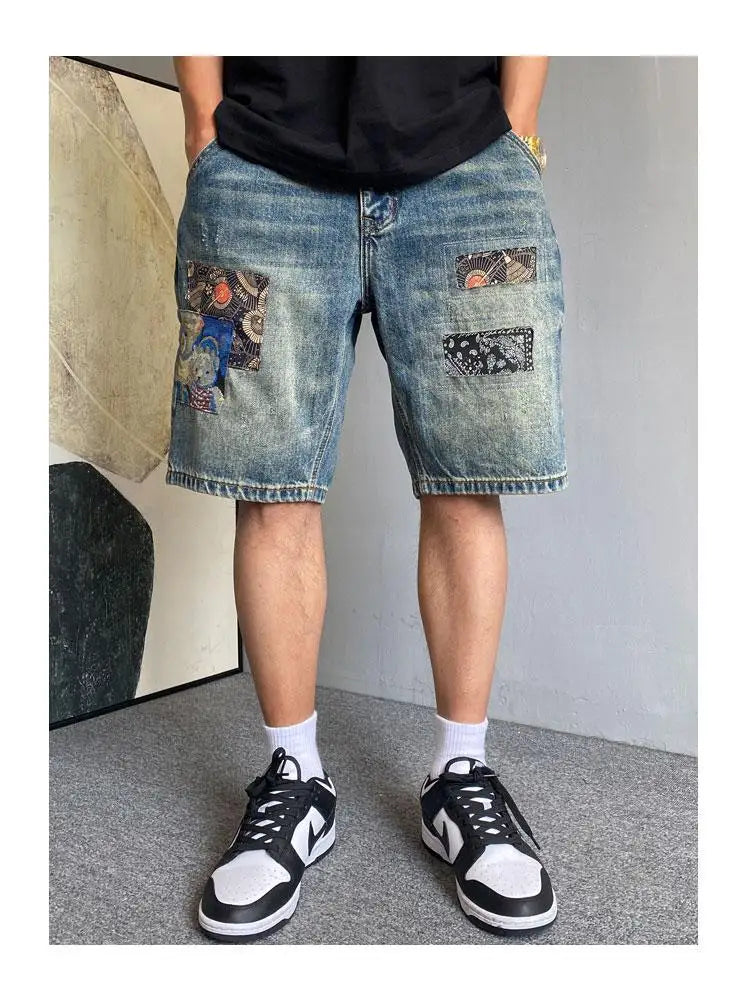 Men's Summer American Casual Embroidery Patch Vintage Denim Shorts